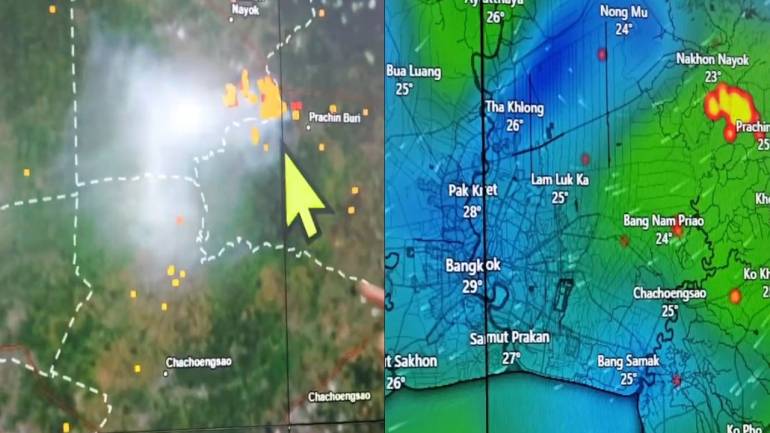 แผนที่แสดงจุดฮอตสปอต (ซ้าย) และ ทิศทางของกระแสลมพัดเข้ามายัง กทม. (ขวา)